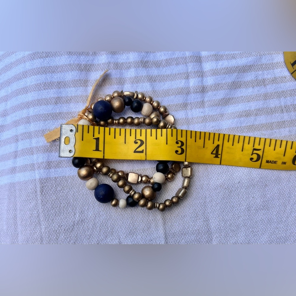 Artisan Boho Gold Tone Lapis Wood Beaded Stretch Bracelet Set Handcrafted - Picture 5 of 6